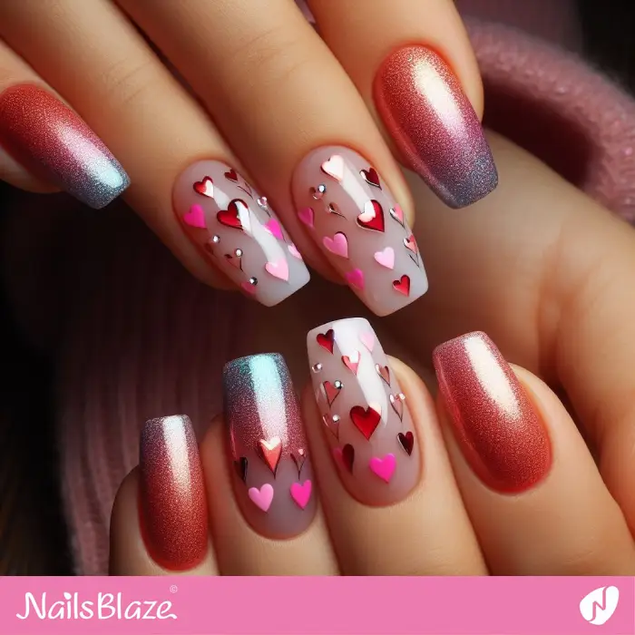 Gradient Shimmer Nails with Hearts | Valentine Nails - NB2152